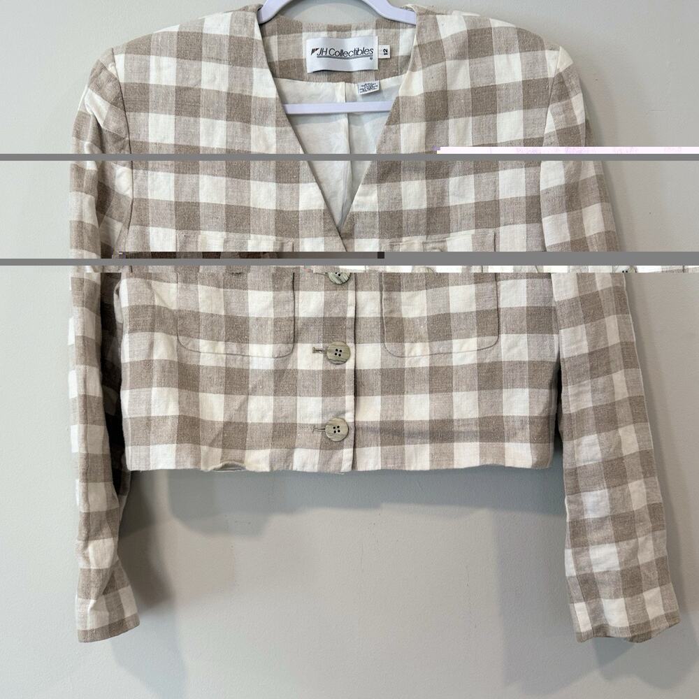 Vintage JH Collectibles 100% Linen Gingham Cropped Women Blazer Size 12 - Picture 2 of 12